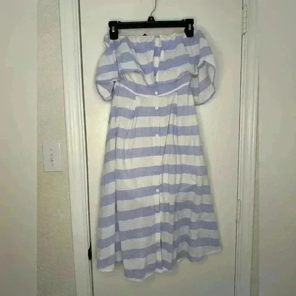 Lulu’s | Cotton Off the Shoulder Blue Ivory Striped Dress | Size Small - Picture 3 of 7